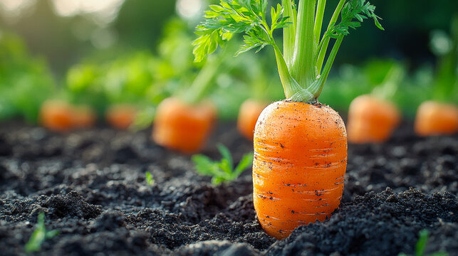 Fresh carrots growing in a garden bed. Bright orange carrots stand upright in rich dark soil, surrounded by green foliage in a sunlit garden.