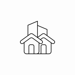 two houses in front of tall buildings icon sign vector