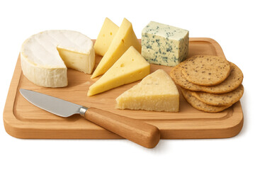 Variety of cheeses, crackers, and knife arranged on a wooden cutting board, isolated on a transparent background