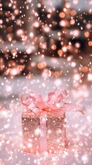 Fototapeta premium Small white gift box with a pink satin bow on a clean white background, studio lighting.