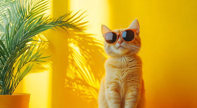 Cat wearing sunglasses in bright room. A relaxed ginger cat models chic sunglasses against a vibrant yellow backdrop with a leafy plant.