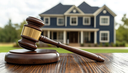 Gavel and house, property auction. A wooden gavel rests on a table in front of a blue house, representing a property auction setting outdoors.