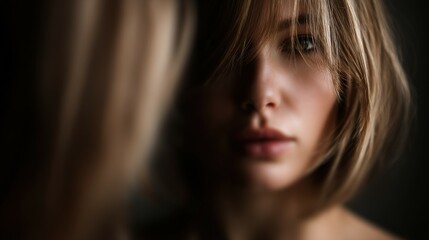 Woman with blond hair looking at her reflection in mirror