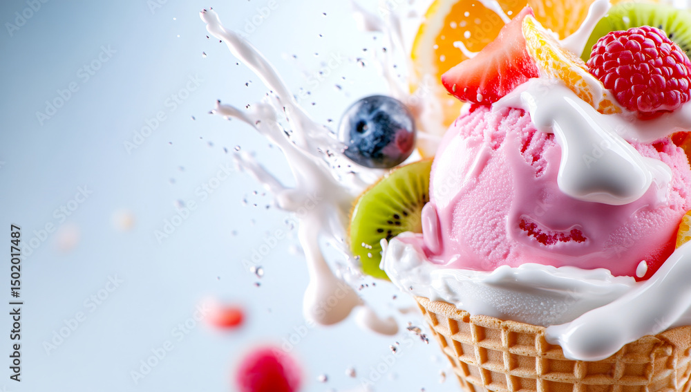 Poster enjoying a colorful ice cream delight. a vibrant ice cream cone topped with fruits and splashes of c