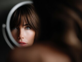 Young woman looks at herself in the vanity mirror in her bedroom