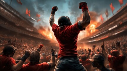 A football player celebrates victory with raised arms in a crowded stadium filled with cheering fans.