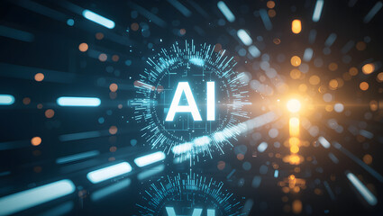 Artificial intelligence conceptualization with glowing neon design and digital data flow background