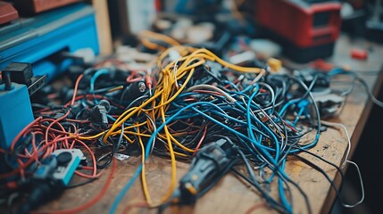 Tangled Mess of Electrical Cables: A Visual Representation of Disorganization
