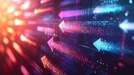 multi-layered transparent arrows in glowing hues of blue and pink, floating in digital air with light beams and minimal gradients	