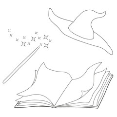 Open magic book, magic wand and witch hat on white background. Cartoon vector illustration for coloring book. Black outline.
