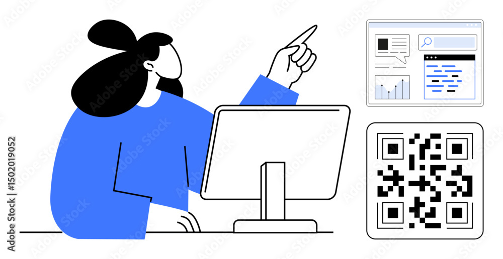 Poster woman at desk pointing while using a computer. qr code, analytics, browser pop-up. ideal for technol