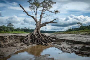 Bare tree, exposed roots, dry riverbed, rainforest
