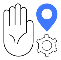 Outlined hand, blue location pin, and gear icon highlight accessibility, navigation, and operational themes. Ideal for tech solutions, apps, user experience, teamwork innovation service design