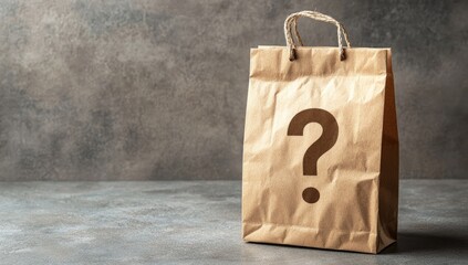 Kraft paper bag with question mark on gray surface, product or mystery concept