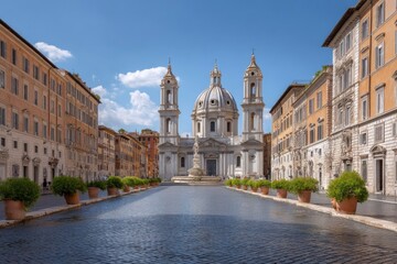 Obraz premium Roman Piazza Church: Serene Baroque Architecture and Cityscape
