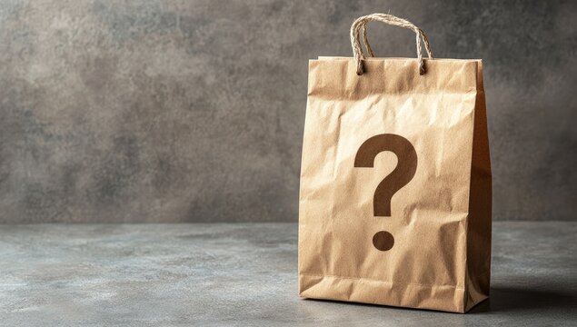 Kraft paper bag with question mark on gray surface, product or mystery concept