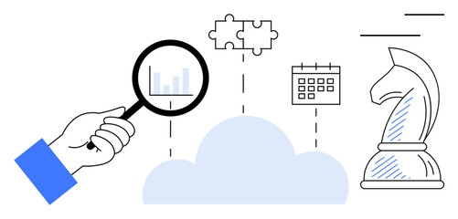 Hand holding magnifying glass over graph, cloud connected with puzzle, calendar, chess knight. Ideal for business strategy, data analysis, cloud computing, teamwork, leadership productivity