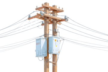Utility Pole with Electrical Boxes and Wires Isolated on Black Background