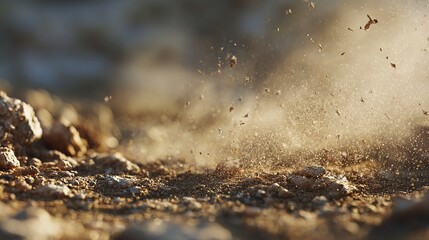 Golden Dust Particles Exploding Upward Brown Ground Textured Background Natural Earth Abstract Scene Sunlight Dramatic Light Rays Soil Texture Dry Landscape Desert Dust Storm rock 