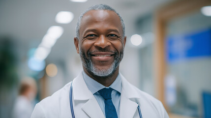 Obraz premium Confident African American Doctor in Hospital Corridor Smiling Professionally