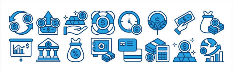 Economics icon collection set. Containing Currency Exchange, Dollar, Assets, Help, Cost, Money Growth icon. Simple line vector.	