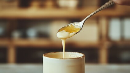 Golden Honey Drizzling into Creamy Cup
