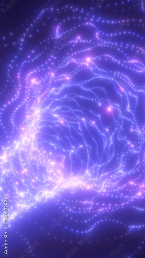 Poster abstract glowing particle waves forming intricate network patterns in soft violet and blue light ton