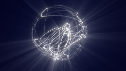 Abstract sphere of luminous white lines and rays on a dark blue background, radiating dynamic futuristic energy