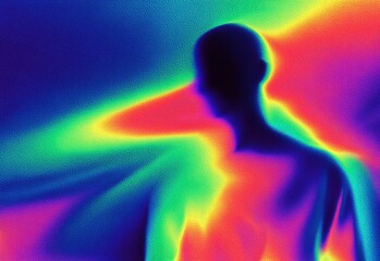 Vibrant silhouette of a human figure in thermal imaging style, glowing in neon gradients against a dynamic background. Gen Z, Y2K heatwave backdrop.