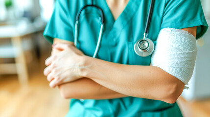 Medical professional in scrubs with stethoscope and bandaged arm in healthcare environment