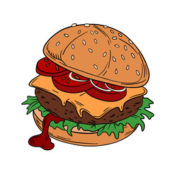 Juicy fresh burger with dripping cheese, beef patty, fresh vegetables and soft bun with sesame seeds. American fast food cuisine with ketchup and mustard. Outline food art
