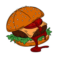Juicy fresh burger with dripping cheese, beef patty, fresh vegetables and soft bun with sesame seeds. American fast food cuisine with ketchup and mustard. Outline food art