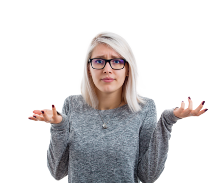 Confused young woman wearing eyeglasses looks frustrated, balancing hands gesture, have to choose direction, left or right side. Difficult decision concept, correct choice isolated on transparent back