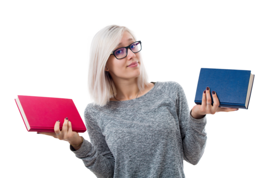 Thoughtful student girl holding two different books has to choose between red and blue textbooks. Doubt and right choice concept. Question which one to readm difficult decision for education
