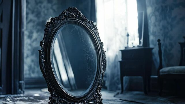 A vintage mirror reflecting the room, sitting on a table. The frame is ornate and it has an antique appearance. The  is reminiscent of an old English home interior.