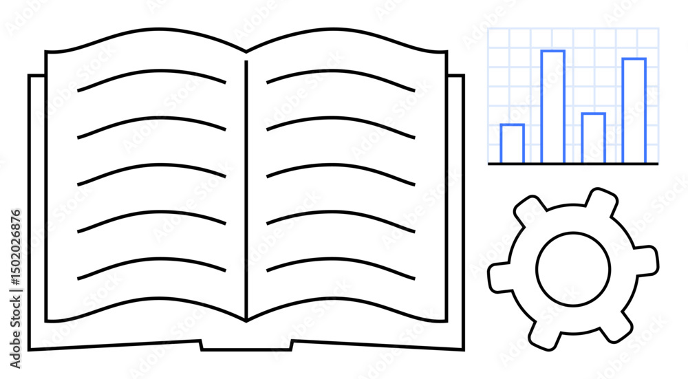 Poster open book with visible text lines, bar chart with four vertical bars, gear representing system appro