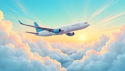 Obraz premium A sleek airplane flying high above a sea of clouds, bathed in warm sunset light.