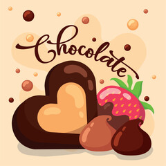 Chocolate heart with fruit. Vector