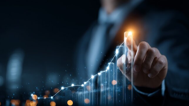 2025 financial strategy, Businessman analyzing profitability working companies with digital augmented reality Graphics in 2025, plan long-term investments for business growth and success