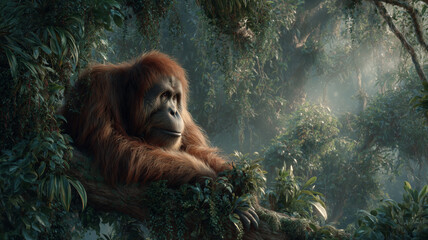 Obraz premium Majestic Bornean orangutan resting in the lush rainforest habitat