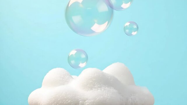 A shimmering soap bubble floats against a pastel blue background ideal for playful themes or abstract designs.