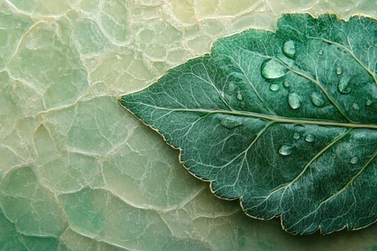 A green leaf with water droplets resting on a textured, light green stone surface, creating a natural, organic feel.