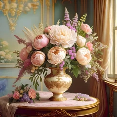 Fototapete Pfingstrosen Pastellfarbener Blumenstrauß im Vintage-Ambiente  © Silvia Bogdanski