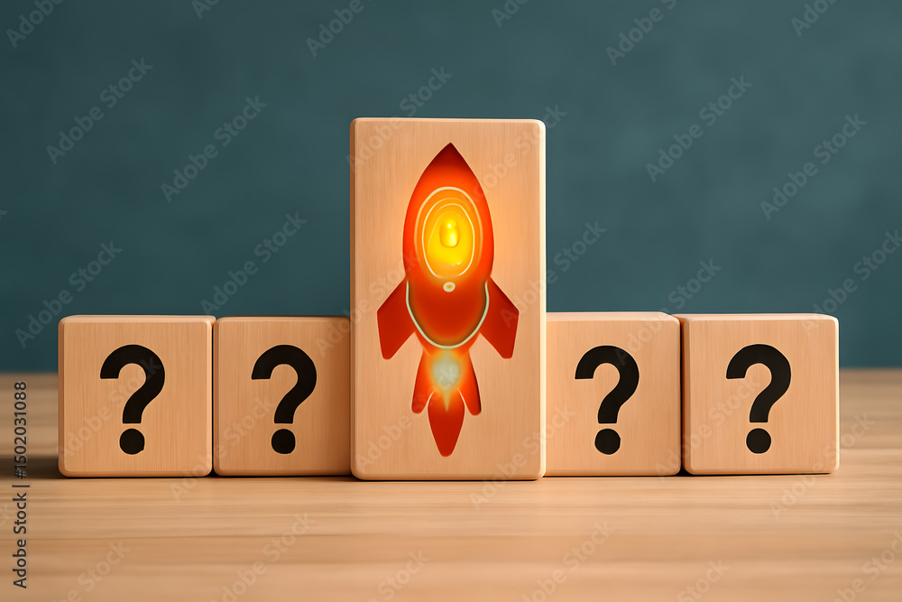 Poster wooden blocks with question marks and a glowing rocket representing solutions and innovation