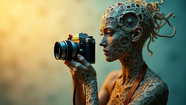 world photography day concept image, 3d woman photographer