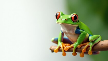 Obraz premium Green tree frog perched on white, vibrant skin, isolated, frog, sitting