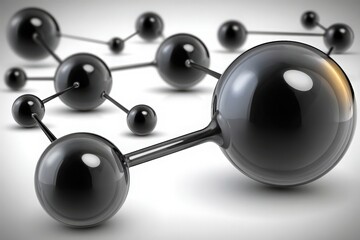 Complex black molecular structures are arranged dynamically, showcasing the fundamentals of chemistry and science. This visual emphasizes connectivity and interaction among the molecules.