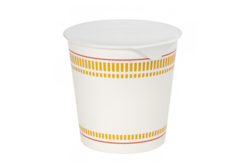 White instant noodles cup with yellow and red stripes, isolated on a transparent background, ready for customization