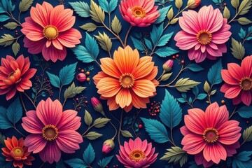 Intricate, flowing blossoms form continuous, vibrant pattern , botanical, elegant