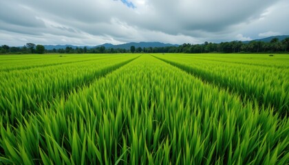 Fototapeta premium Lush Green Rice Fields with Dramatic Cloudy Sky Landscape View